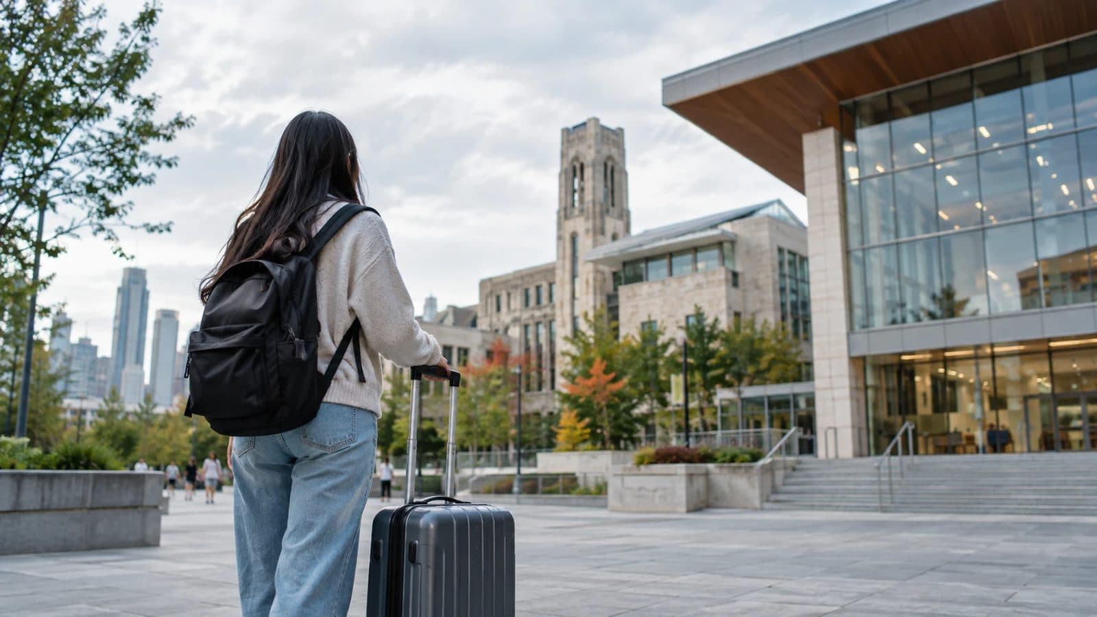 A student arriving on campus with a suitcase