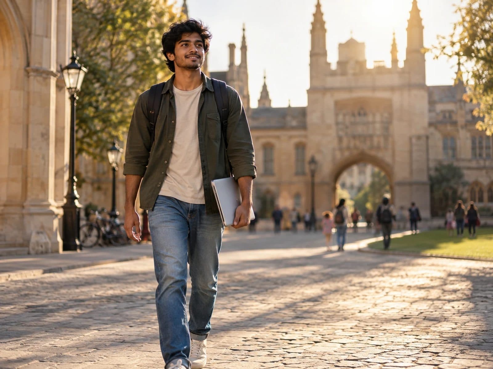 A student walking across a university courtyard